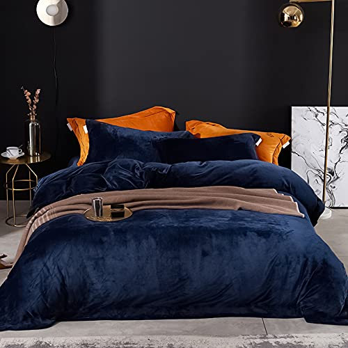 Michorinee Housse de Couette Flanelle 220 x 240 cm Bleu Marine - Parure de Lit en Velours Chaud Ultra Doux avec Fermeture Éclair, Linge de Lit 2 Personnes Hiver avec 2 Taies d'oreiller 65x65 cm