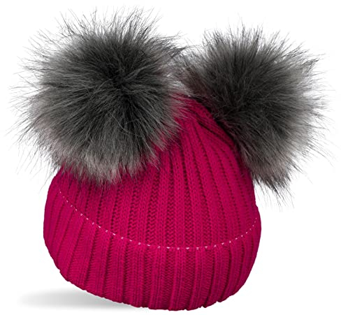 styleBREAKER Kinder Strick Bommelmütze mit 2 Kunstfellbommel und Fleece Futter, Winter Mütze, Strickmütze, 2-5 Jahre 04024203, Farbe:Pink