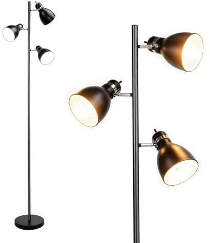 FIRVRE Stehlampe Vintage Schwarz, Stehlampe Metall Industrial Style mit 3 Verstellbaren Rotierenden, für Wohnzimmer Schlafzimmer Büro Studierzimmer