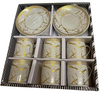 Service à thé/café en porcelaine 6 tasses, 6 soucoupes (doré et blanc)