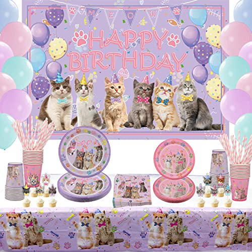 Juego de vajilla de fiesta de gato con diseño de gato, incluye fondo de cumpleaños, platos, mantel, tazas, globos, pajitas para niños, decoración de fiesta de gato, sirve para 20 invitados