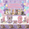 Juego de vajilla de fiesta de gato con diseño de gato, incluye fondo de cumpleaños, platos, mantel, tazas, globos, pajitas para niños, decoración de fiesta de gato, sirve para 20 invitados