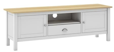 AltoBuy Basco - Meuble TV 2 Portes 1 Tiroir en Pin Massif Naturel et Blanc