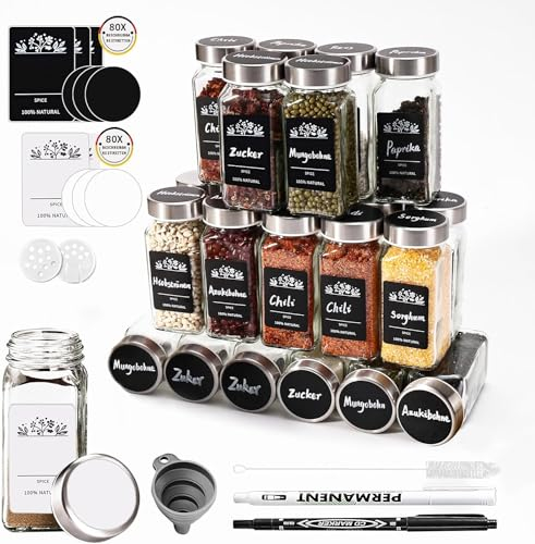 SIAZIH 24pcs Botes Especias Cristal, Tarros Especias Cuadrado de 120 ml con Tapa de Acero Inoxidable, Frascos Especiarias con Colador, Etiqueta, Embudo y Cepillo, Especieros Para Cocina