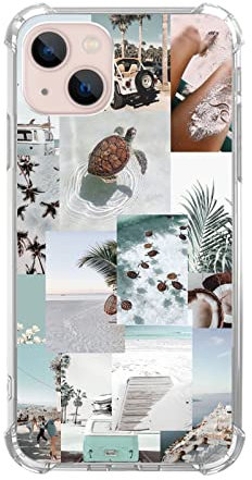 Vusbvelnot Turtle Aesthetic Collage Hülle Kompatibel mit iPhone 15, Pastel Summer Vibe Beach Ocean Hülle für iPhone 15 für Teenager Männer und Frauen, Coole TPU Bumper Handyhülle Cover