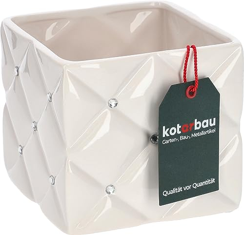 KOTARBAU® Glamour - Macetero cuadrado de cerámica de 14 x 14 x 13 cm con circonitas, color blanco, para plantas de interior