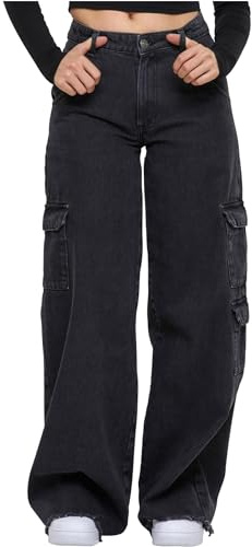 Urban Classics Damen Hose Ladies Mid Waist Cargo Denim Pants Black Charcoal Washed 28