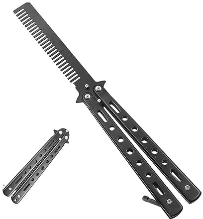 AZWOOD SchmetterlingsKamm, Tragbarer Butterfly Kamm Frühlings Haar Kamm für Haar Training Schmetterling Stil KammFaltbarer Taschenkamm Edelstahl Barberkamm Haarstyling Zubehör (Schwarz)