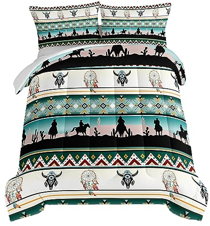 HOSIMA Western-Bettwäsche-Set, Longhorn-Totenkopf-Traumfänger, Boho-Bettwäsche, Doppelbett in einer Tasche, Sets für Erwachsene, Kinder, Cowboy, Western-Dekor, geometrisch, mehrfarbig, blaugrün,