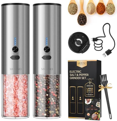 MOVNO Electric Salt and Pepper Grinder Set with USB Rechargeable Adjustable Coarseness & LED Light, Large Capacity Automatic Pepper Shakers Mill