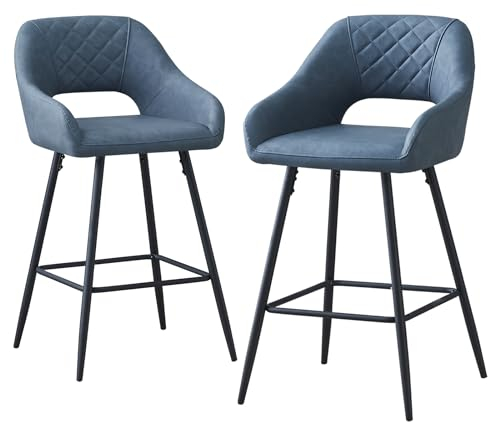 JYMTOM 2er Set Samt Barhocker Grauer Hocker mit Armlehne Metallbeine Modern Design hohe Hocker für Esszimmer Bar Cafè und Counter (Kunstleder, Blau)