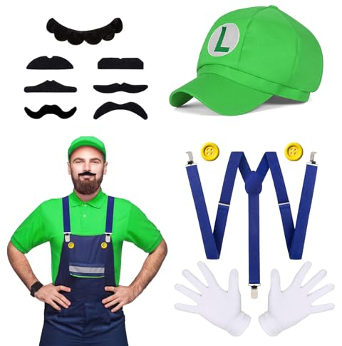 FainFun Luigi Kostüm Accessories, Karneval Kostüm,Super Bros Mütze Grün,Bros Luigi Kostüm Set Cosplay Kostüm Outfit Kostüm Unisex,Erwachsene Outfit für Karneval Faschingskostüme Geburtstags Party