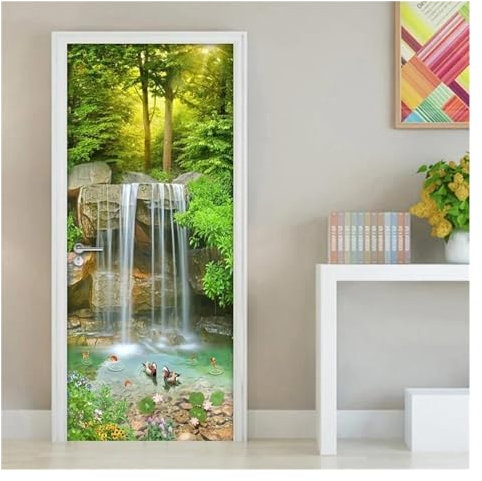 Türaufkleber Türtapete Türbilder Türposter Wasserfall-Türaufkleber, Natürliche Herbst-Tapete, Grüner Dschungel, Waldlandschaft, 3D-selbstklebendes Wandbild, Hotel-Schlafzimmer-Poster(Farbe:Q,Größe:85x
