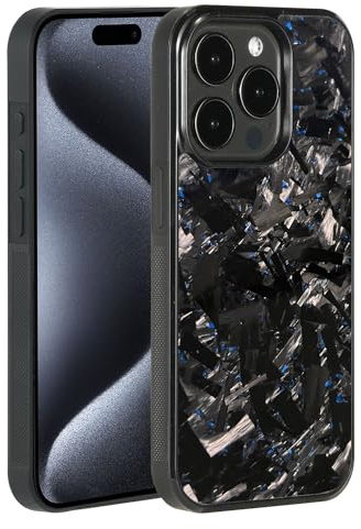 Molzar Grip Series for iPhone 15 Pro Case with Real Forged Carbon Fiber, Grippy Edges Design, Works with Qi-certified Chargers, Compatible with iPhone 15 Pro, Glossy Black/Blue
