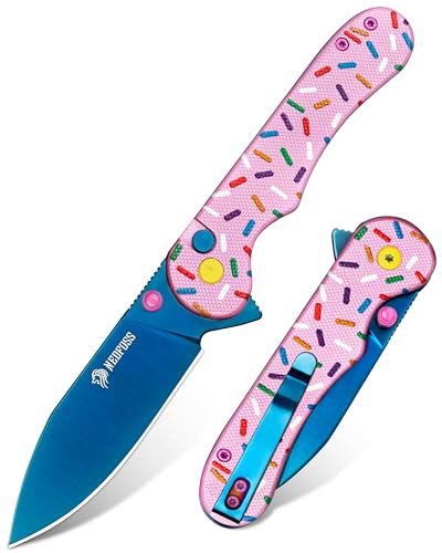 NedFoss DONUT Klappmesser mit Button-Lock, Einhandmesser mit 7.5cm 14C28N Stahlklinge & G10-Griff, Outdoor Messer mit Gürtelclip, Survival-Taschenmesser für Alltag, Geschenk, Sammlung, Camping