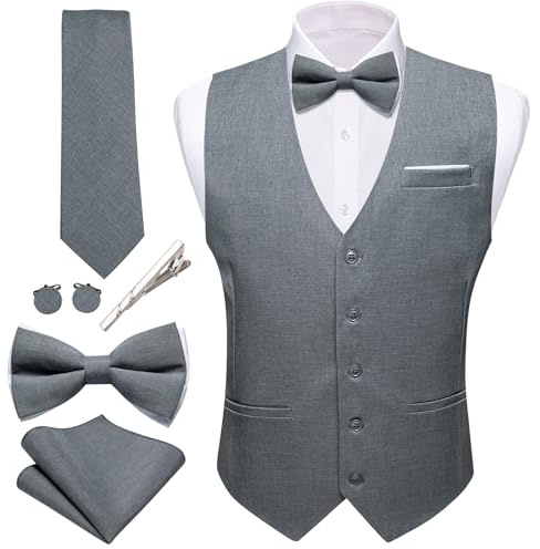 Barry.Wang Herren-Anzugweste, Leinen, formell/lässig, V-Ausschnitt, Krawatte, Fliege, Set, einfarbig, 6-teilig, Hochzeit, Party, Smoking, grau dunkel, X-Large