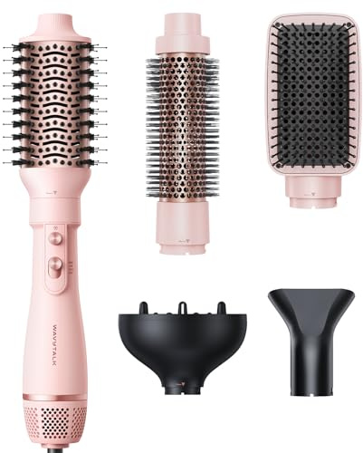 Blow Dryer Brush Set, Wavytalk Air Sculpt 5-in-1 Hot Air Brush Set, Multi Hair Styler for Salon Blowouts, Smooth Curls, Volumizing and Straightening, Sleek and Less Frizz, Pink