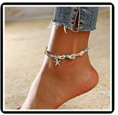 Faruodis Bracelet de cheville en forme d'étoile de mer avec perles de coquillage turquoise et corde cirée, style hawaïen, puka, conque, été, plage, chaîne de pied pour femme, Métal