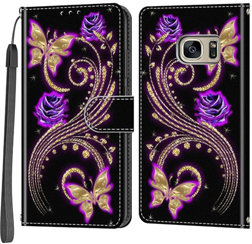 Handyhülle für Samsung Galaxy S7 Hülle, Goldener Schmetterling | Magnetische, Stoßfeste Faltbar Klapphülle, Standfunktion, Kartenfächern, Geldbeutel, PU Lederhülle, Handytasche