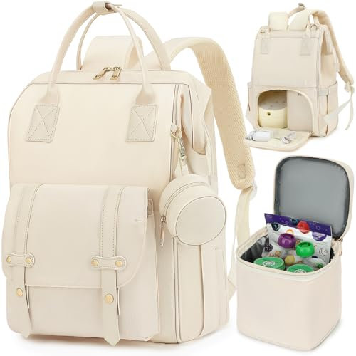 ROSEGIN 25L Dual-Use Wickeltasche Rucksack, Milchpumpen Tasche mit Kühltasche, Passend für Momcozy, Philips, Medela, Geeignet für 15,6 Laptop, 15 Fächer, Kinderwagengurte, Schnullerhalter,Weiß