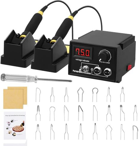 Pyrography Machine, Bellanny 90W Brandmalstation Brandmalerei Set mit 2 Stiften 23 Tlg Drahtspitzen, Brennkolben Brandmalgeräte 0-750°C Einstellbar, Doppelanschluss, Holzbrenner für Holz Leder Kürbis