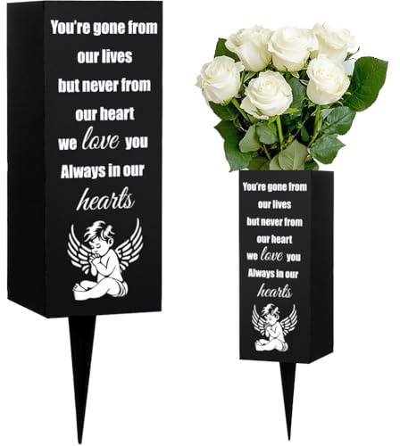 WEBEEDY Friedhofsvasen Grabvase mit Erdspieß Metall Gedenkvasen Engel Friedhofsvase Schwarzer Friedhofsblumenhalter Gedenkgeschenk Für Den Verlust Eines Geliebten Menschen Beerdigung 8x20cm