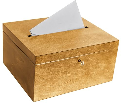 Creative Deco Holzkiste mit Deckel Nussbaum Hell Kartenbox Hochzeit | 29x25x15 cm | Geldgeschenke Holzbox mit Schlitz, Schloss, Schlüssel Geschenkkarten Box Geldbox Briefbox Kasten | Lagerung