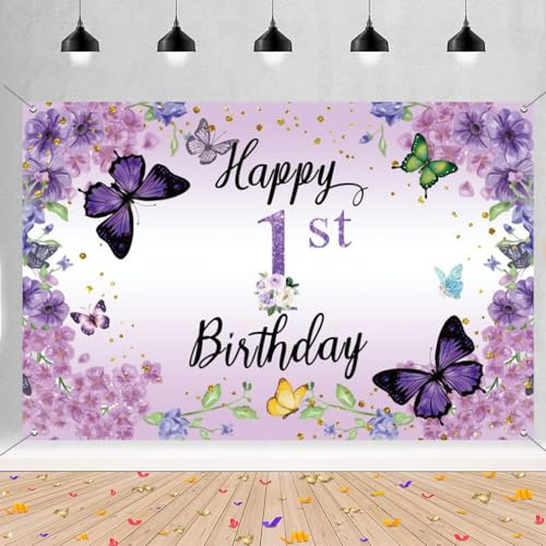 1. Geburtstag Deko Mädchen, Happy 1st Birthday Banner Blumen Stoff Schild Plakat Türdekoration, 1. Geburtstag Hintergrund Banner, Geburtstagsfeier Willkommensschild, Lila