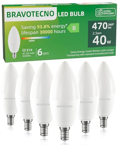 bravotecno E14 LED Glühbirne, Energieklasse B E14 LED Neutralweiss, 4000K 2.5W 470LM C37 Neutralweiß Leuchtmittel Entspricht 40W, 360° Abstrahlwinkel, Nicht Dimmbar, Wärmearm & Langlebig, 6 Stück