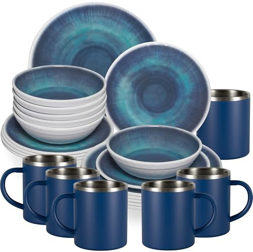Jesolo Juego vajilla melamina 6 personas 24 tazas térmicas acero inoxidable