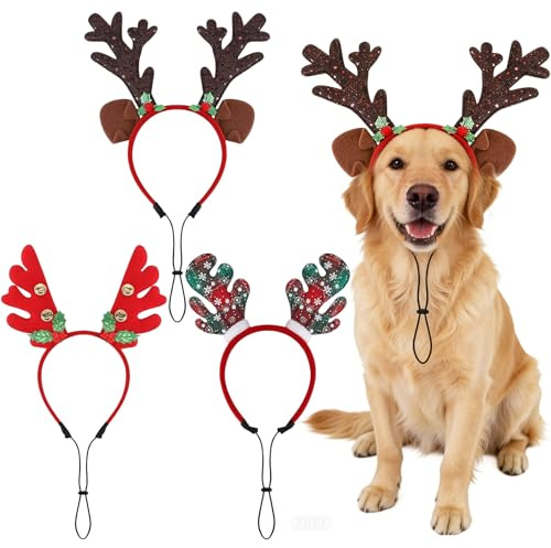 Lot de 3 bandeaux de Noël pour animaux de compagnie - Serre-tête de renne - Réglable - Pour chien