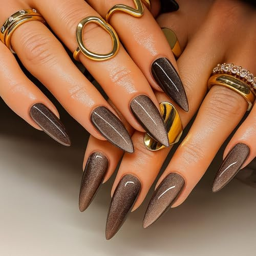 Velvet Brown Cat-Eye Magnetic Press On Nails Almond Medium Shape - Stylish Glitter Fake Nails Fall Winter Short Autumn Oval Stiletto Handmade Acrylic Coffin French Tip Dark Glam