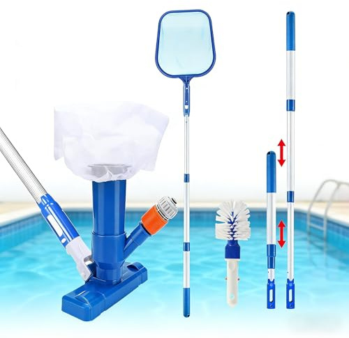 Pool Bodensauger Set, Tragbarer Jet Vacuum Head Pool Staubsauger mit Teleskopstange, Pool Reinigungsset mit Scheuerbürste und Skimmernetz für Schwimmbadreinigung Blätter Schmutz Sand Schlamm