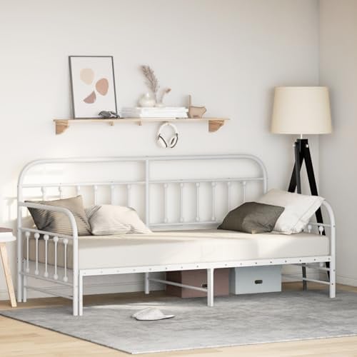 JHQHSM Ausziehbares Tagesbett Weiß 107x203 cm Stahl Metallbett mit Trundle und Matte Oberfläche für Erwachsene Schlafzimmer