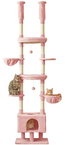 Quuzee Pink Kratzbaum, bodenbisdecken-Katzenturm mit Verstellbarer Höhe von 235–258 cm, 7-Etagen-Kletter- und Spielhaus mit Kratzsäule, gemütlichem Schlafkorb und Hängematten für Wohnungskatzen