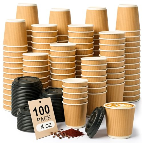 ALEXPRE 4oz 100 Pack Brown Disposable Coffee Cups with Lids | Insulated Ripple Triple Wall Paper Cups, Disposable Cups for Takeaway Hot&Cold Drinks, Office, Home, Cafe, Party, Travel