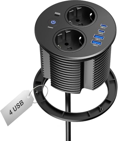 Pindus Einbausteckdose rund mit USB-C PD 20W, 2-Fach, Schalter, Ø100 mm | 2x USB-A 18W, 4 USB-Ports, 1,8 m Kabel, Arbeitsplatte & Küche, Schwarz