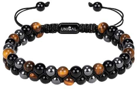 UNIQAL | Damen Perlen Armband 2-reihig 6mm Perlen | Naturstein Edelstein Armband Tigerauge Lapislazuli Hämatit Onyx Lava | Verstellbar | Geschenk Schmuck