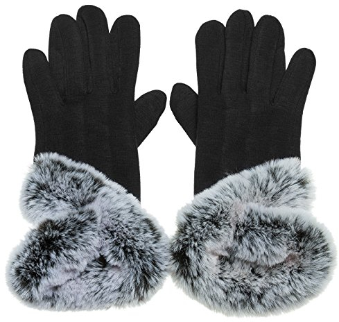 Caspar GLV012 klassisch elegante Damen Winter Baumwoll Handschuhe mit Fell Dekor und Touchscreen Funktion, Farbe:schwarz, Größe:One Size