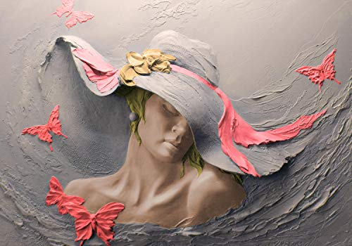 wandmotiv24 Fototapete Skulptur Frau rot Schmetterlinge Wand, M 250 x 175 cm - 5 Teile, Wanddeko, Wandbild, Wandtapete, Gips Hut Blume M5269