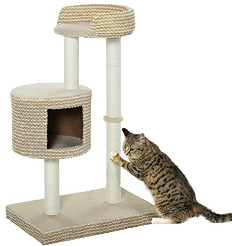 PawHut 96cm Cat Tree, Cat Condo Tree Tower for Indoor Cats, Cat Activity Centre with Scratching Posts, Plus Perch - Beige