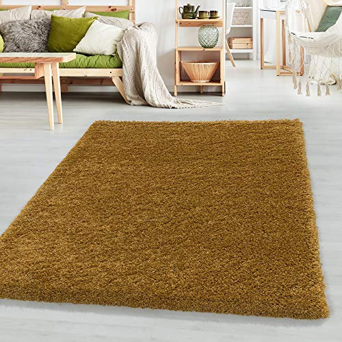 SIMPEX Teppich Wohnzimmer Shaggy 200 x 290 cm Goldfarbe Modern Einfarbig Design - Hochflor Teppich Schlafzimmer Pflegeleicht und Extra Weich - Teppich Flauschig für Küche Esszimmer Kinderzimmer Rug