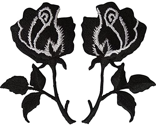Pair of Black Rose Patches Iron Sew On Jacket T Shirt Jeans Flower Patch Badge