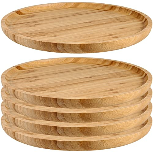 JOIKIT 5 Pack 12 Inch Bamboo Round Platter, Fine Polished Round Wood Plates Bamboo Serving Tray for Holding Fruit, Bread, Cheese, Nut, Coffee, Tea, Plant Saucer
