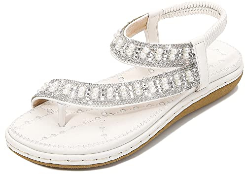 iCKER Women's Flat Sandals Ladies Thong Flat Sandals Bohemian Beaded Strap Sandals Diamante Rhinestone Leather Sandals
