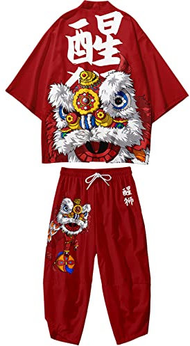 DOSLAVIDA Ensemble de veste kimono japonais pour homme - Élégant manteau ouvert sur le devant avec short - Style chinois imprimé, Pantalon - rouge 2, X-Large