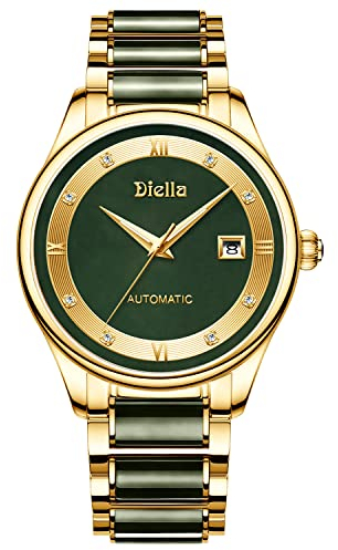 Diella Uhren Herren Datumsanzeige, Herren Automatik Uhren Wasserdicht, Gold Edelstahl und Schwarz Grün Jade Herren Armband Uhren (Modell: AD6022)