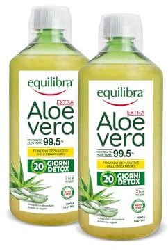 Equilibra Integratori Alimentari, Aloe Vera Extra 99,5%, da Bere Puro o Diluito, Aloin Free, Detox, Senza Aggiunta di Acqua, Prodotto Vegano, 2 Pezzi da 1 Litro
