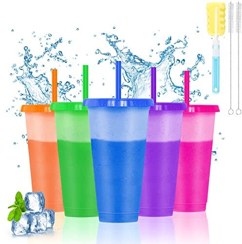 WenYa Cold Drink Colour Changing Cups for Kids, 5 Pack Plastic Tumbler Cups with Lids and Straws for Cold Drinks, Slushies and Summer Party