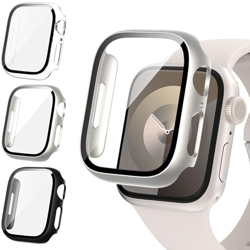 Fullife 3 Pack Screen Protector 41mm Compatible for Apple Watch Series 9/8/7 with 9H Tempered Glass,Overall Shockproof Cover Protective Case for iWatch 41mm(Black/Starlight/Transparent)